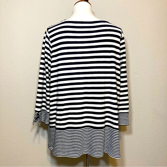 J JILL Black White 3/4 Sleeve Striped Knit Contrasting Trim Tunic Top Size Large - Picture 5 of 8